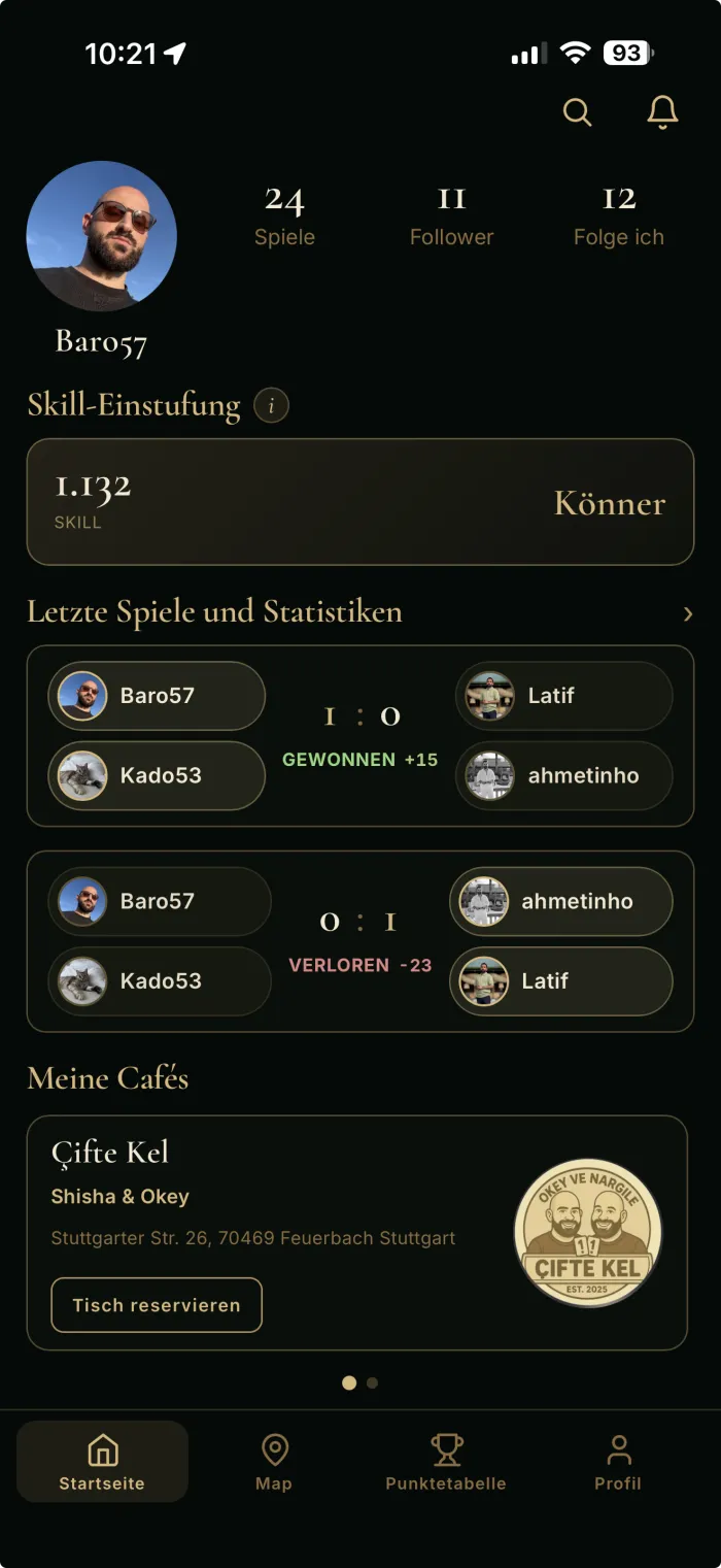 BarOkey-Profil mit Skill-Einstufung, letzten Spielen und Lieblingscafés